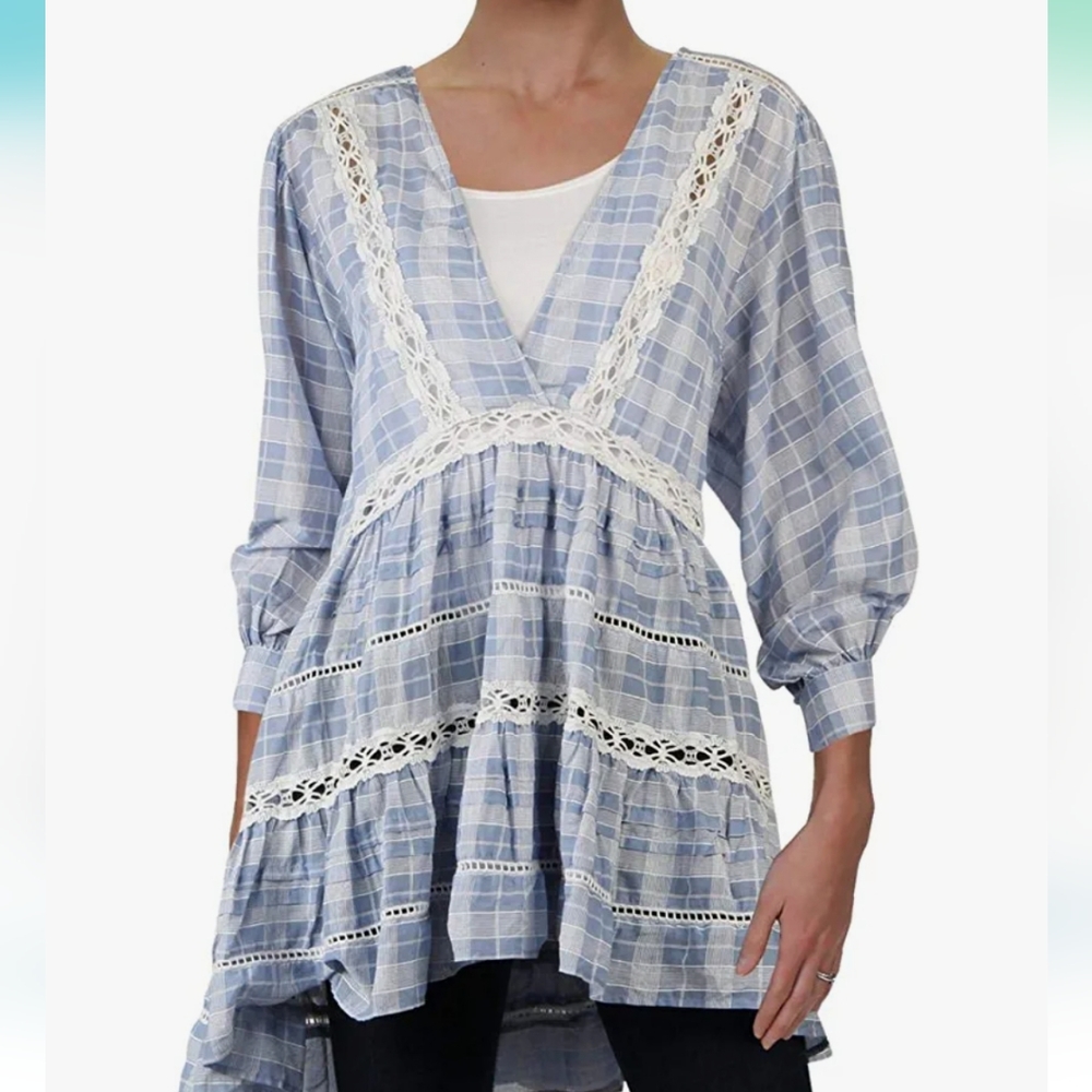 Free People Women's Blue Chambray Time Out‎ Eyelet 3/4 Sleeves Tunic Size XS
